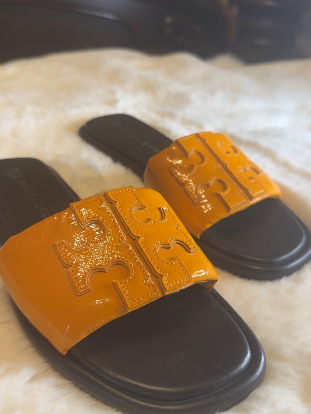 Tory Burch Orange Patent Logo Slide Sandals